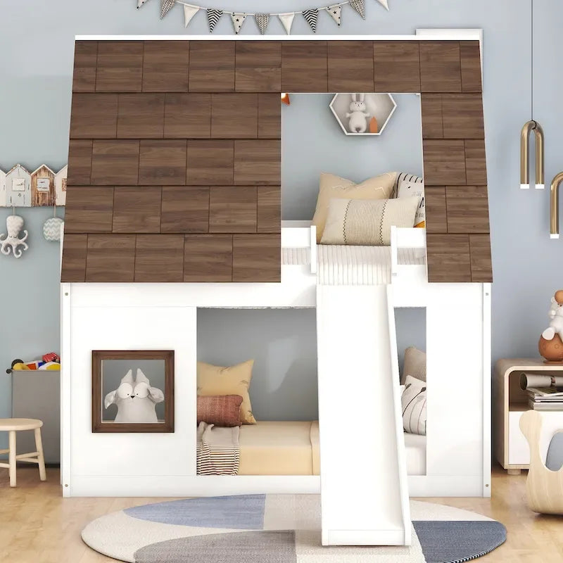 Twin Size House Bunk Bed with Slide