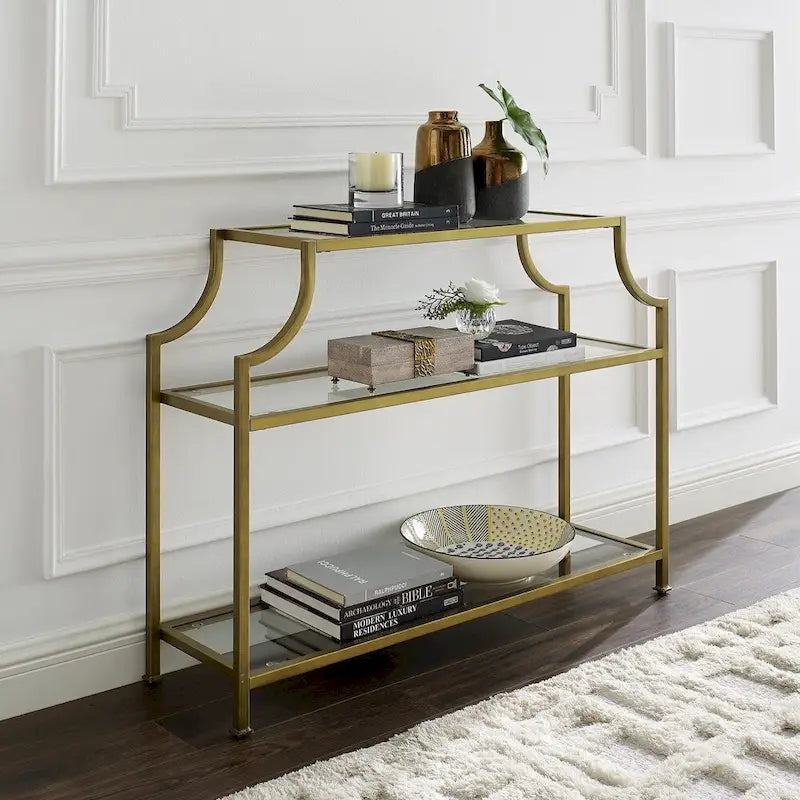 3-Tier Glass Console Table with Gold Finish Frame
