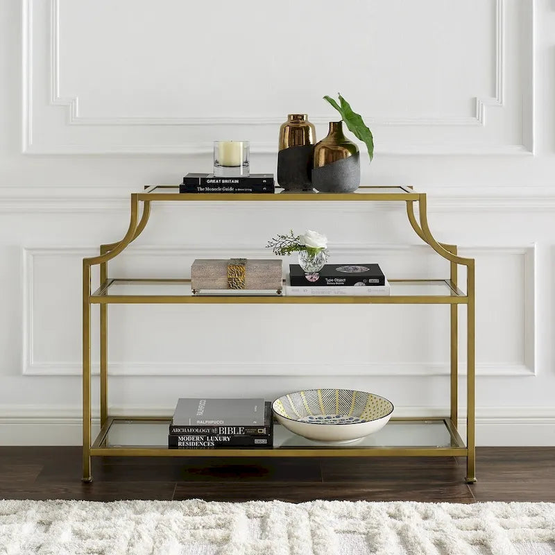 3-Tier Glass Console Table with Gold Finish Frame