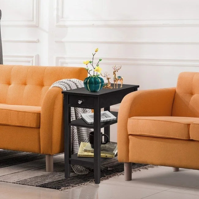 Side Table with Drawer and Storage Shelves