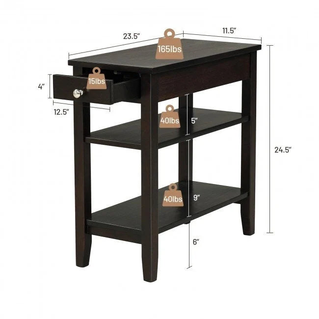 Side Table with Drawer and Storage Shelves