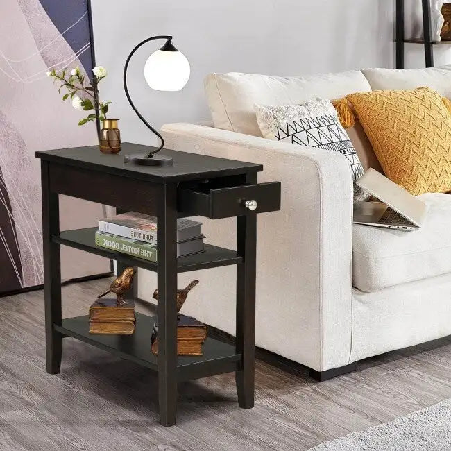 Side Table with Drawer and Storage Shelves