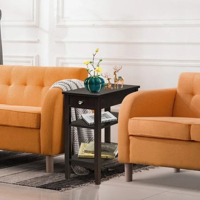 Side Table with Drawer and Storage Shelves