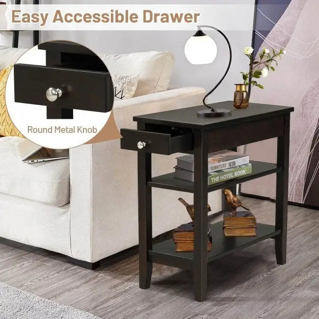 Side Table with Drawer and Storage Shelves