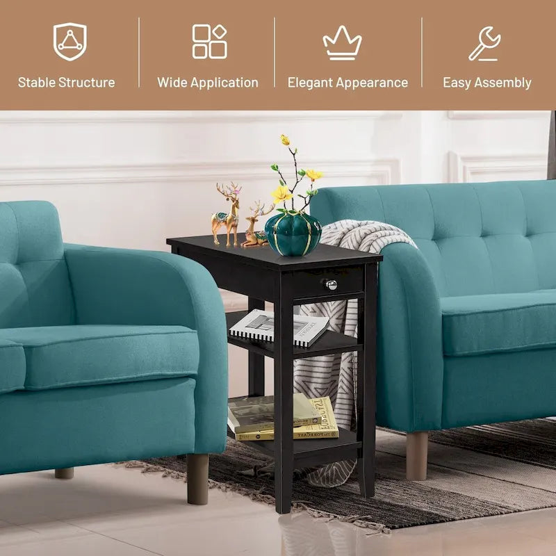 Side Table with Drawer and Storage Shelves