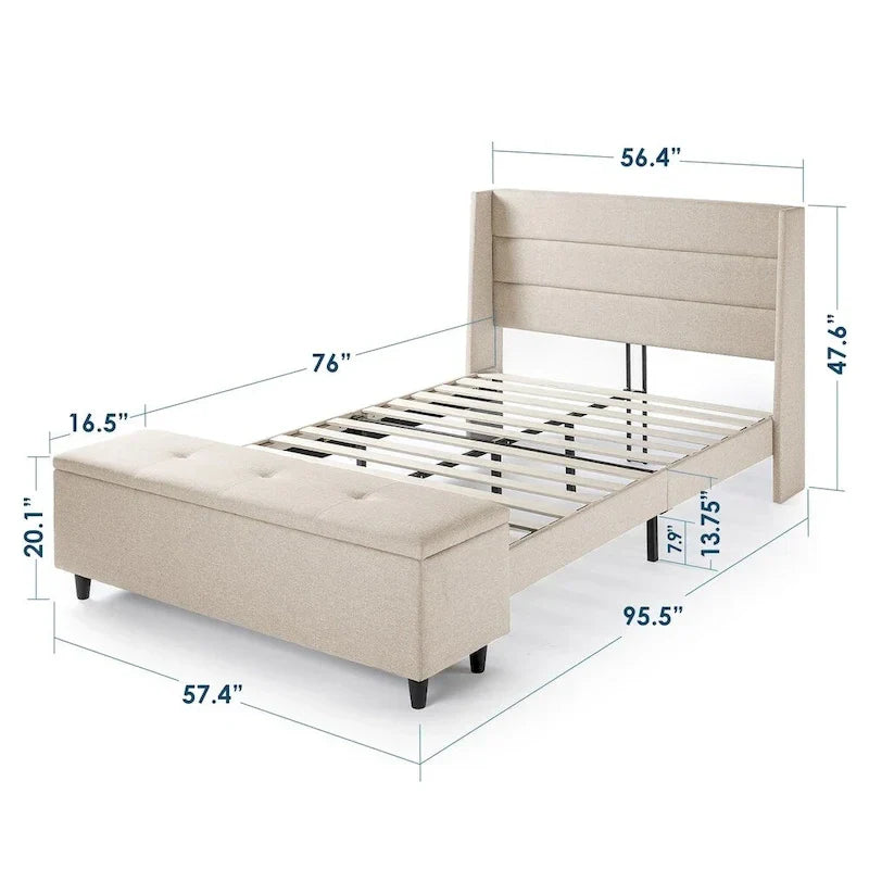 Upholstered Platform Bed with Storage Ottoman