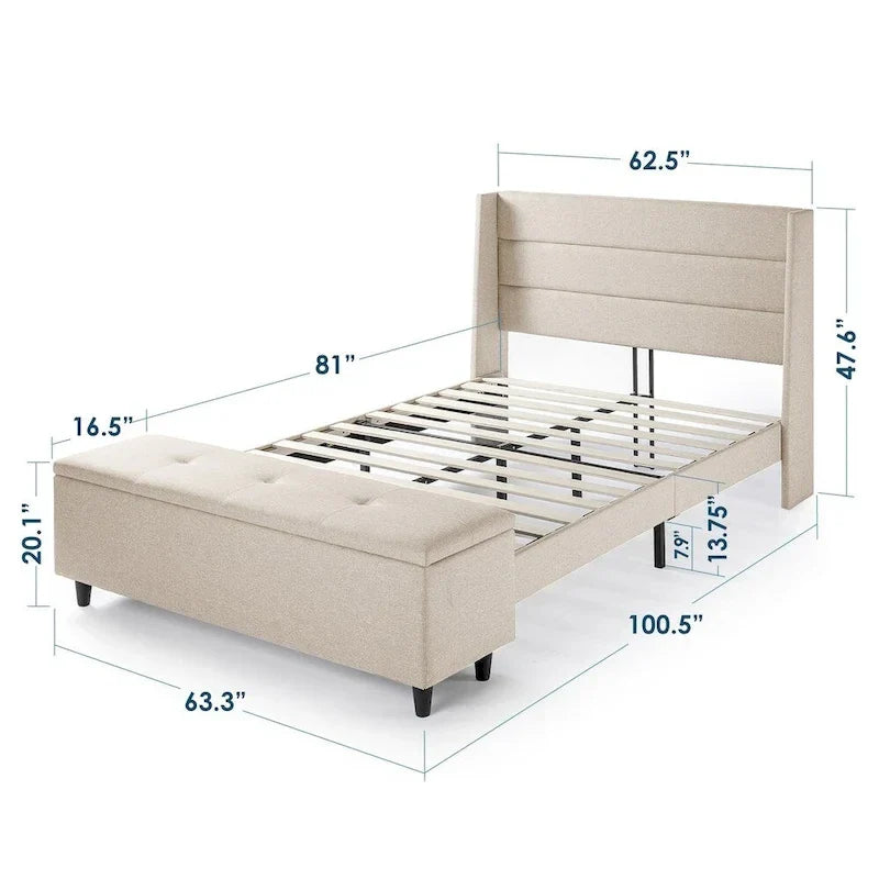 Upholstered Platform Bed with Storage Ottoman
