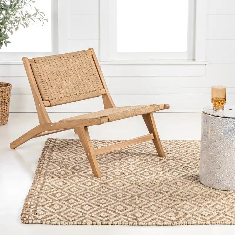 Mid-Century Modern Woven Seagrass Wood Armless Lounge Chair