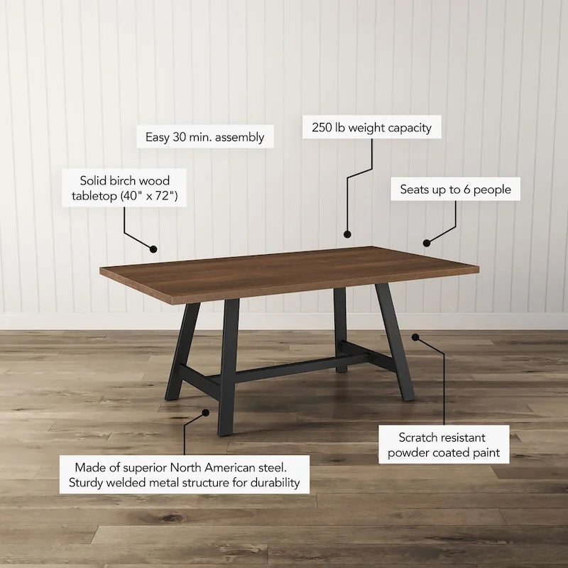 Solid Wood Dining Table with Metal Trestle Base