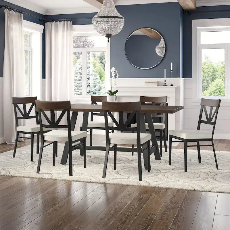 Solid Wood Dining Table with Metal Trestle Base