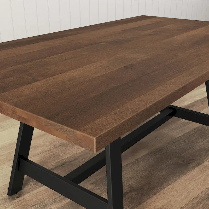 Solid Wood Dining Table with Metal Trestle Base